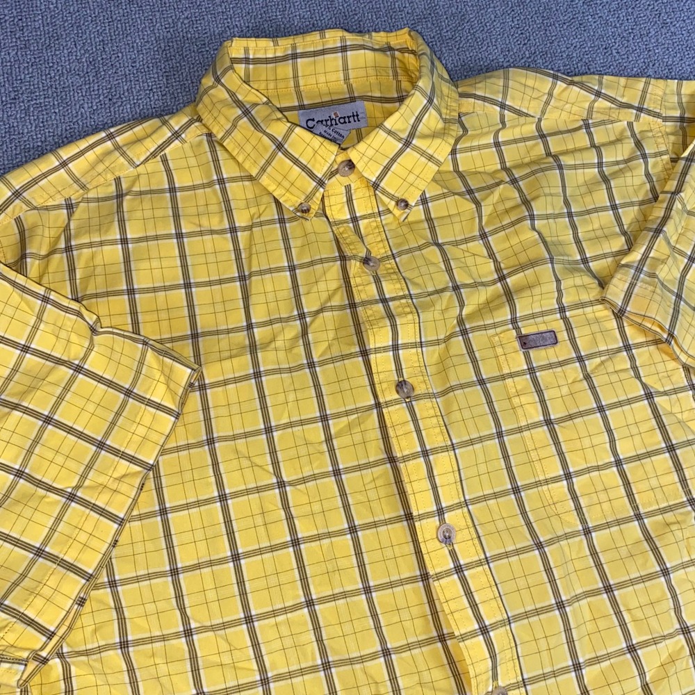 Carhartt Plaid Button Down Shirt Mens XL Yellow Short Sleeve Workwear Logo Top